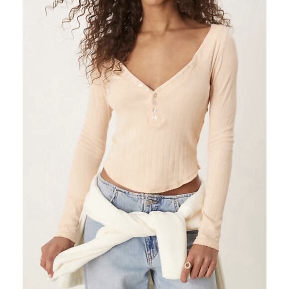 Free People Tops - Free People Ribbed Y2K Henley Top Long Sleeve V-neck peach S/P A003779